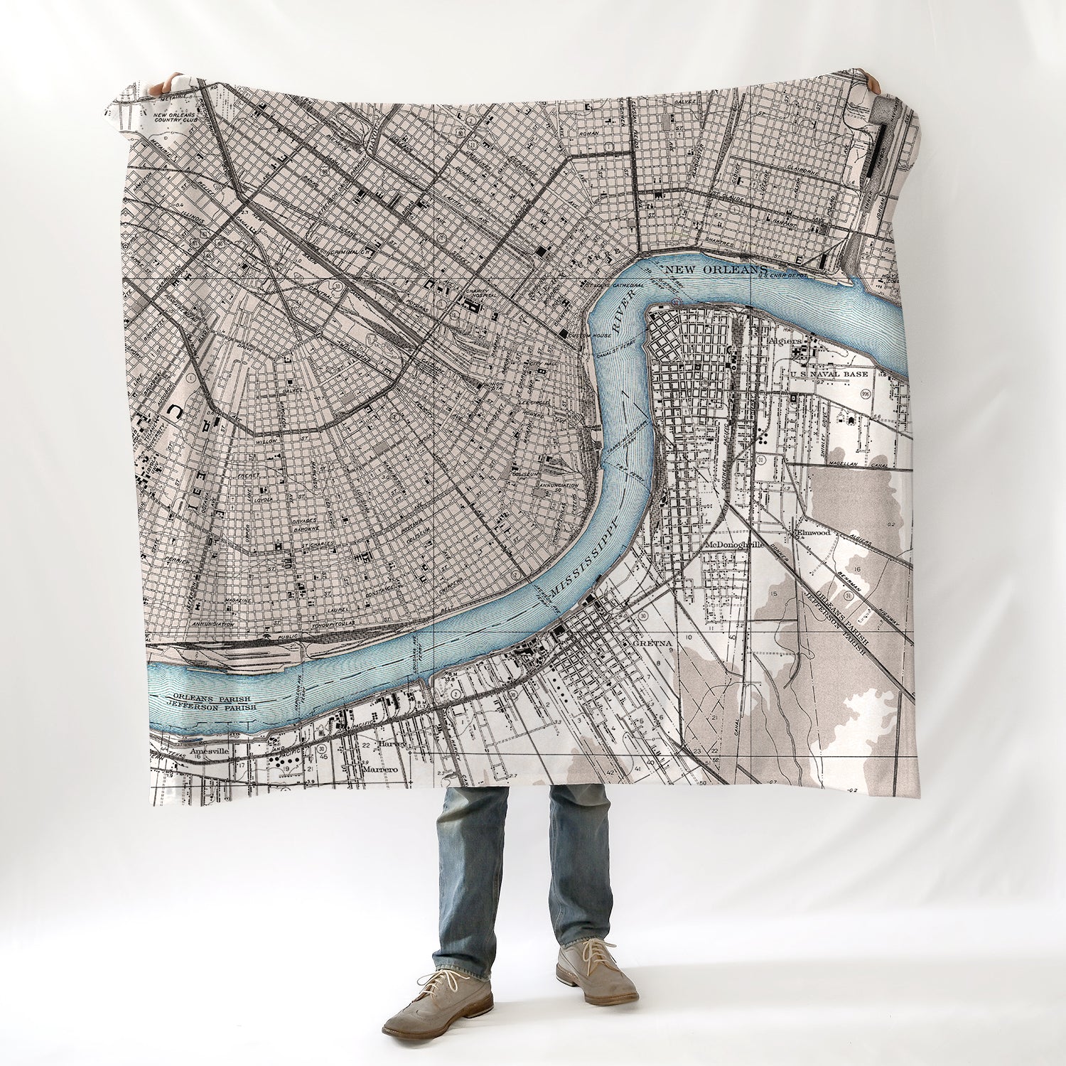 New Orleans River Antique Map, 2 Tone Blanket