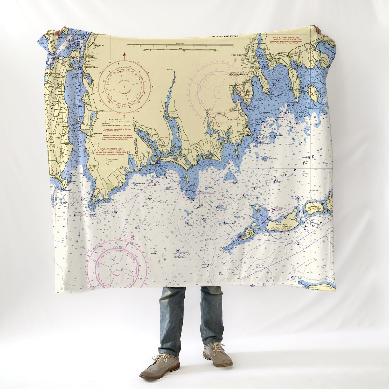 South Coast MA Vintage Nautical Chart Blanket