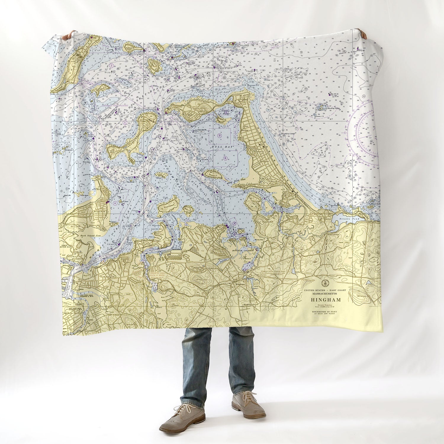 Hingham Harbor, Hull, MA.Vintage Nautical Chart Blanket