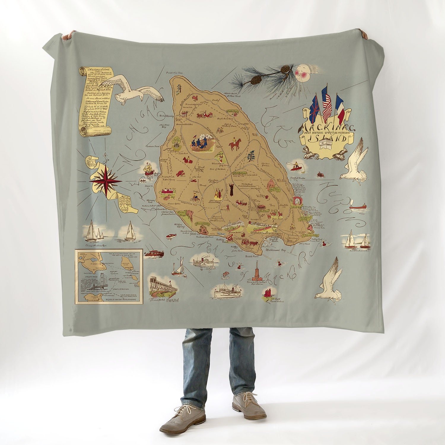 Mackinac Island, MI Vintage Pictorial Map Mama Blanket