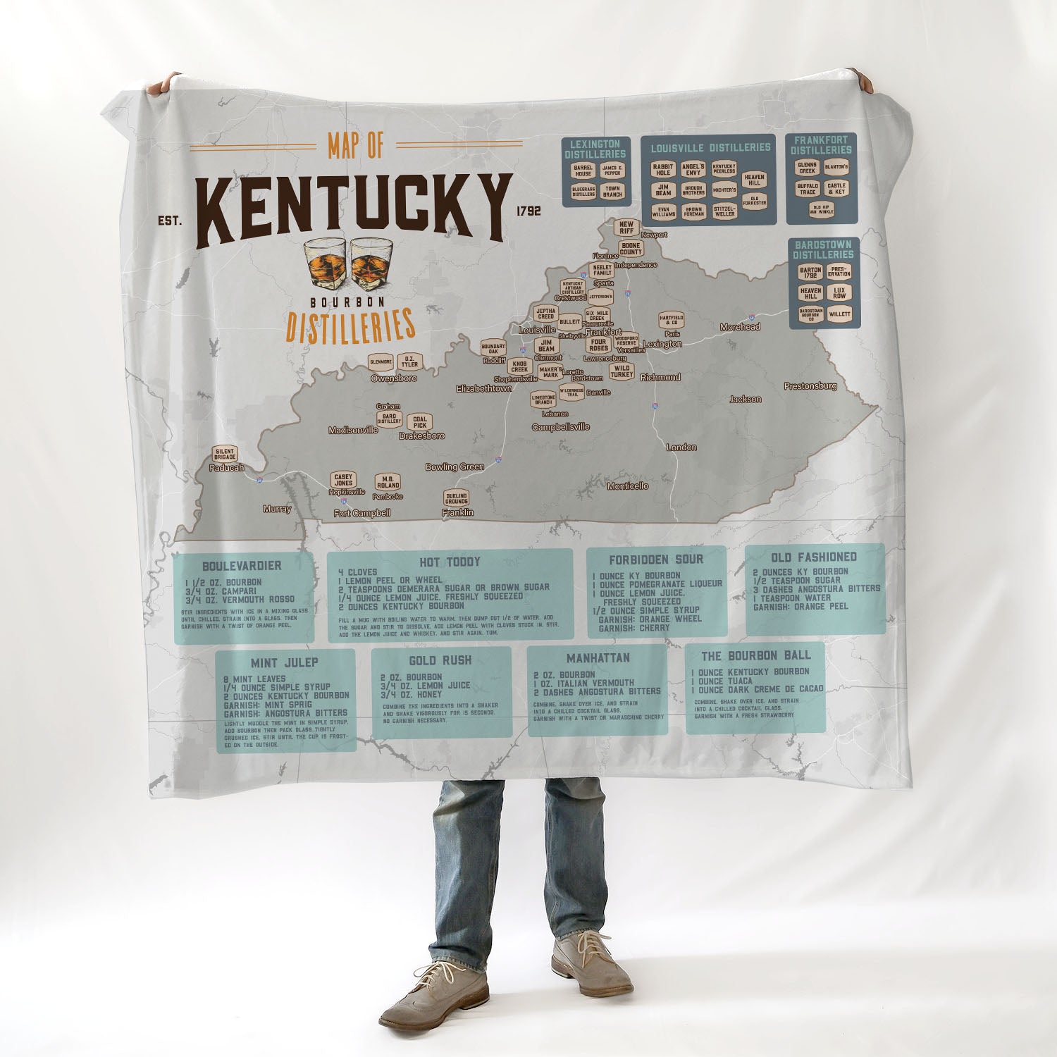 Kentucky Bourbon Distilleries Map Blanket