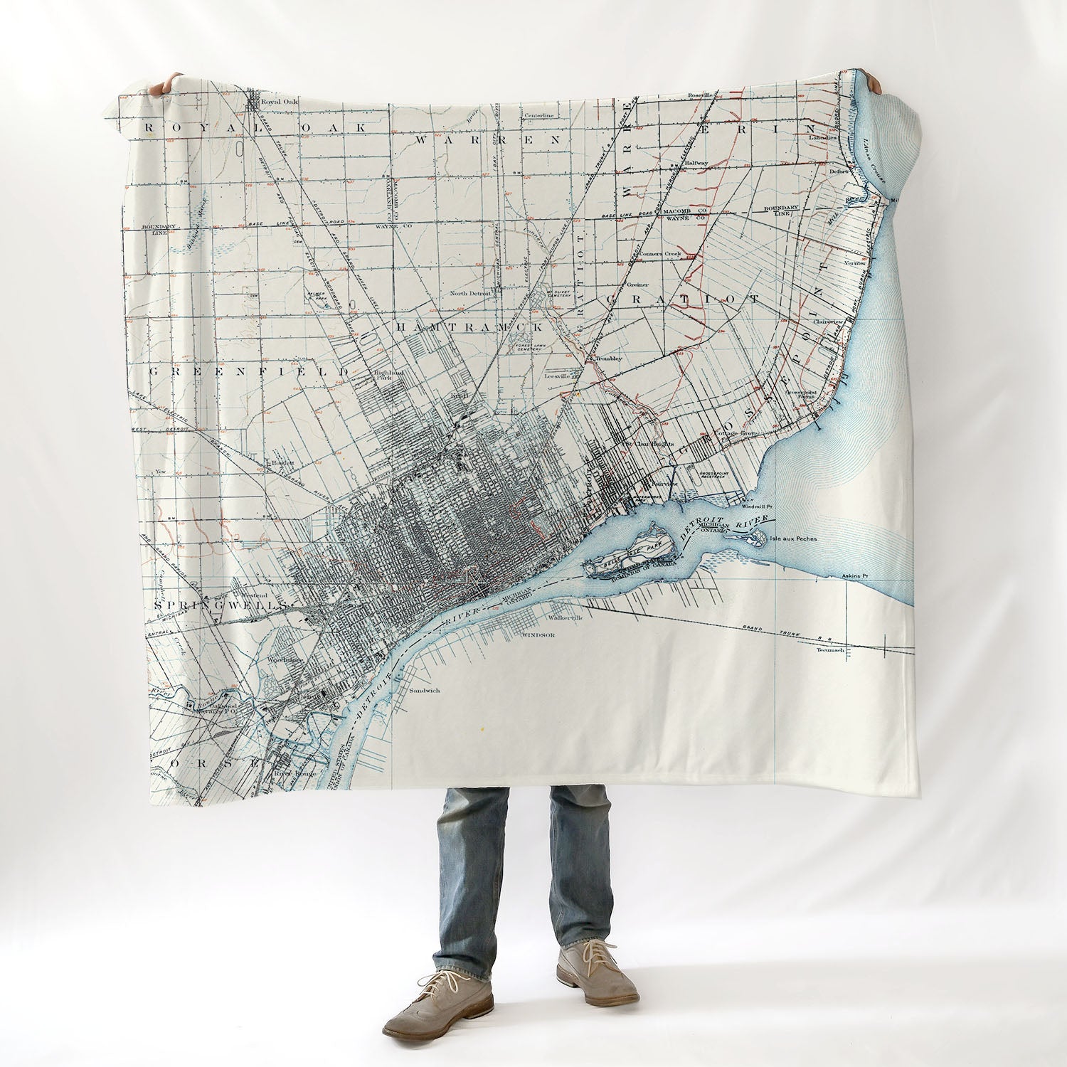 Detroit River, MI Antique Map Blanket