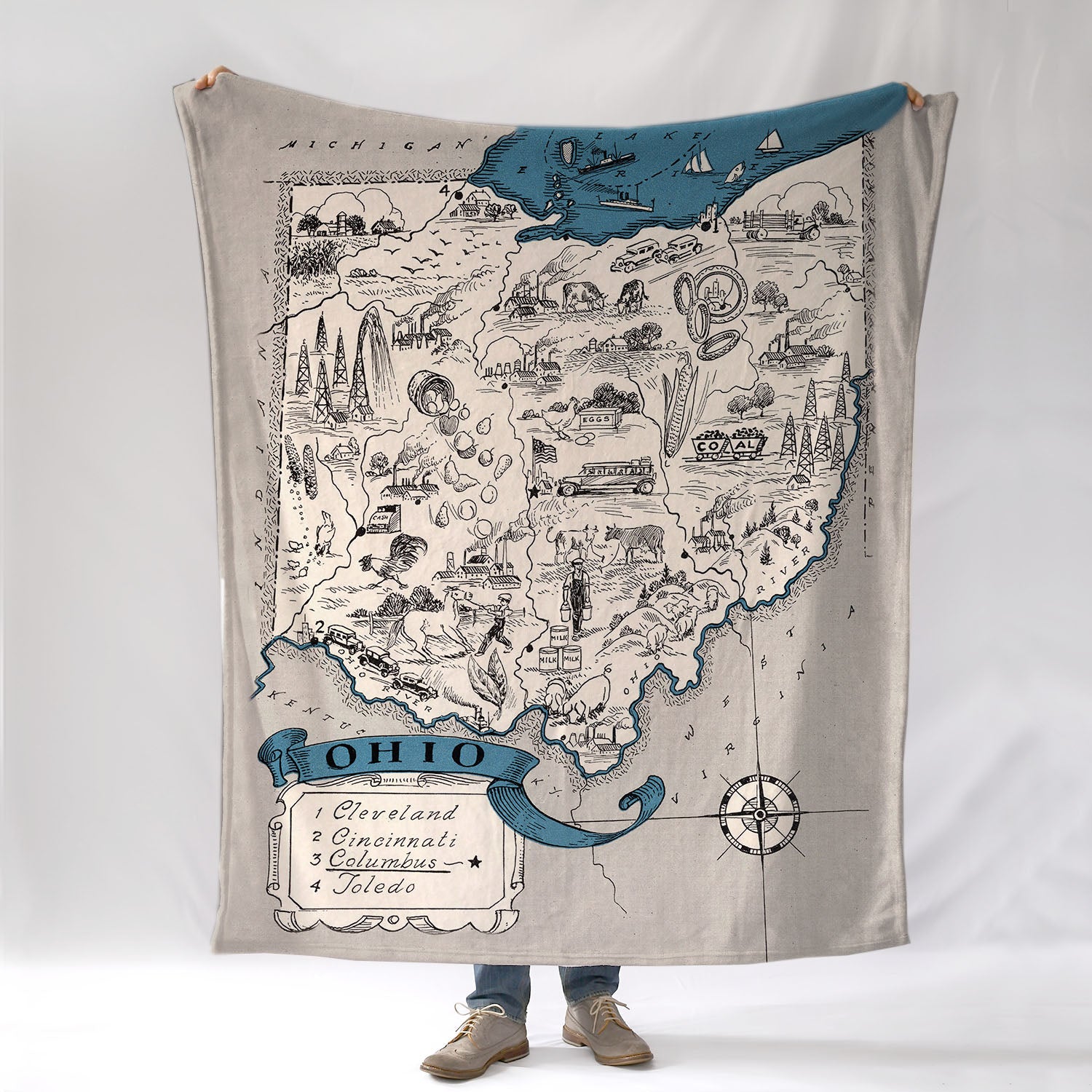 Ohio Vintage 2-Toned Pictorial Map Blanket