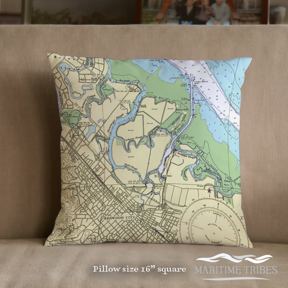 Redwood City  Nautical Chart 16 Inch Pillow