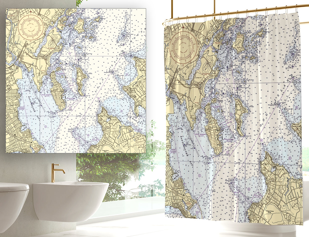 City Island, NY Nautical Chart Shower Curtain